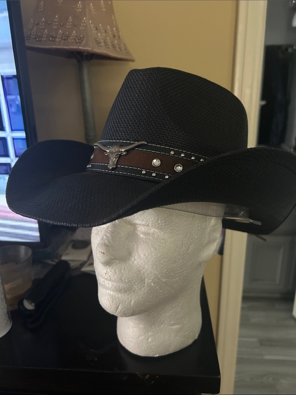 Milani Black Cowboy Western Hat with Brown Studded Band and Silver Steer
